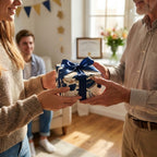 Graduation wrapping paper with navy blue cap pattern and ribbon on a gift box, by Wrapped Studios.