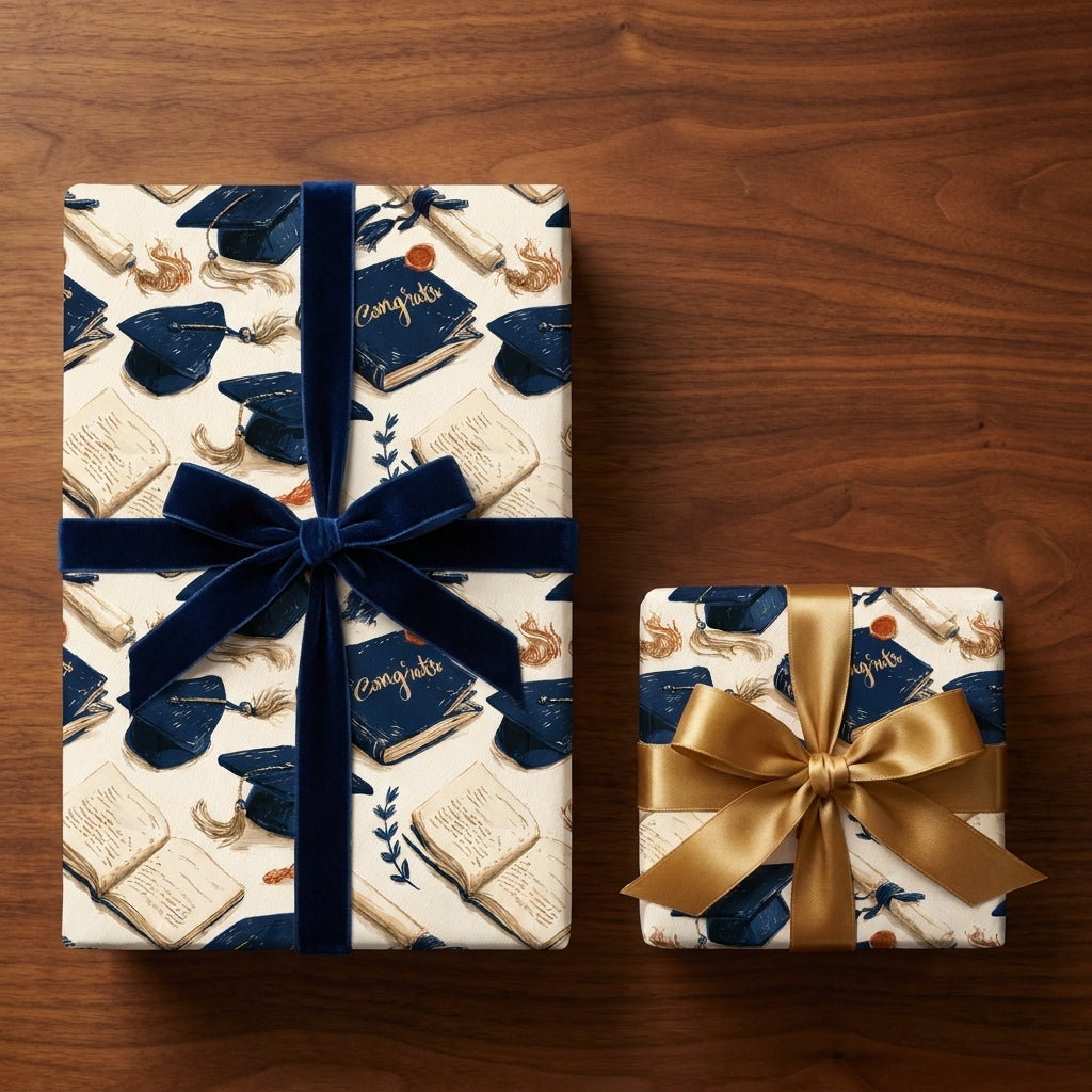 Graduation wrapping paper with cap and diploma pattern, navy velvet and gold ribbons by Wrapped Studios.