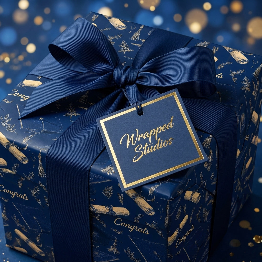 Luxury graduation wrapping paper in navy and gold with a matching bow and gift tag by Wrapped Studios.