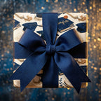 Graduation wrapping paper with navy blue caps and diplomas, tied with a large bow by Wrapped Studios.