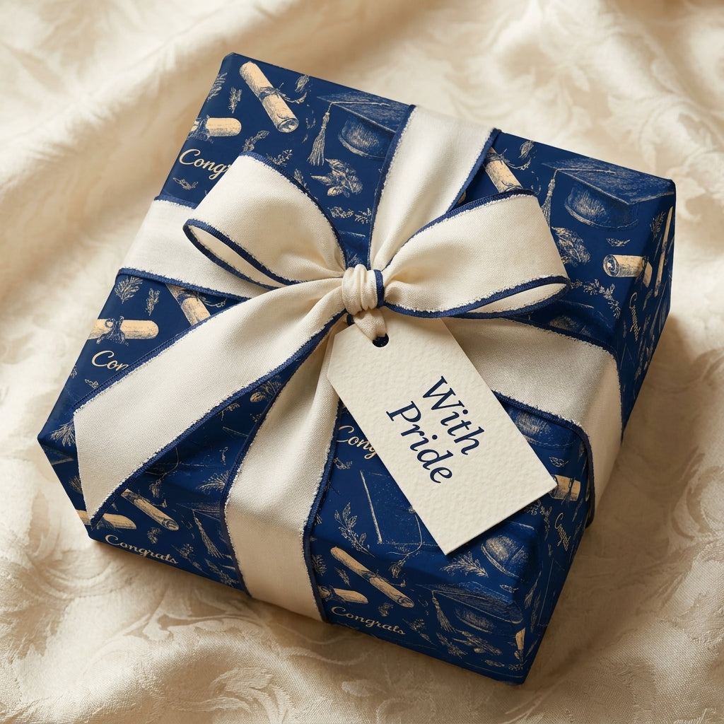 Navy blue graduation gift wrap with gold illustrations, a cream bow, and tag by Wrapped Studios.