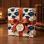 Graduation wrapping paper with blue caps, rust ribbon, and Dream Big tag by Wrapped Studios.