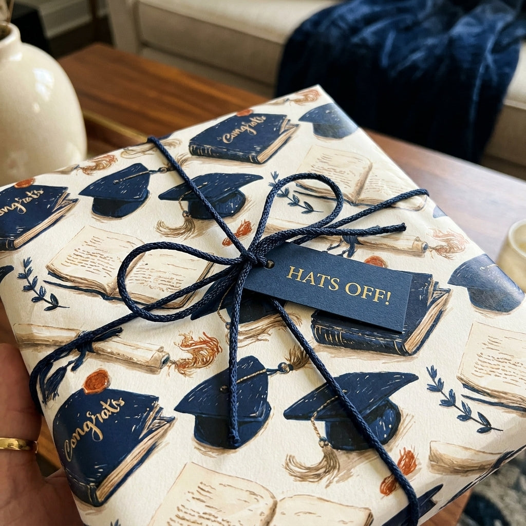 Graduation wrapping paper with blue caps, books, and a "Hats Off!" gift tag by Wrapped Studios.