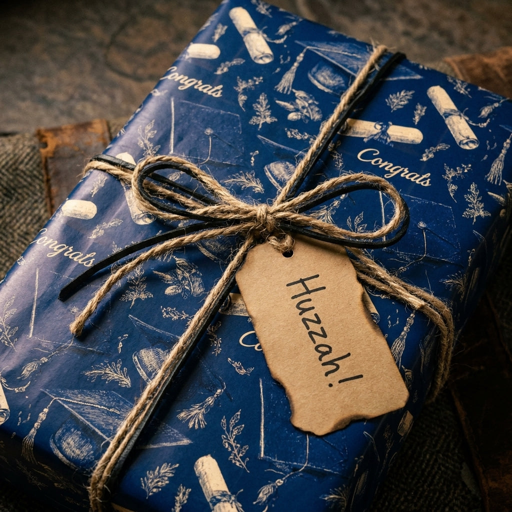 Graduation wrapping paper in navy blue with a congrats pattern, tied with rustic twine by Wrapped Studios.