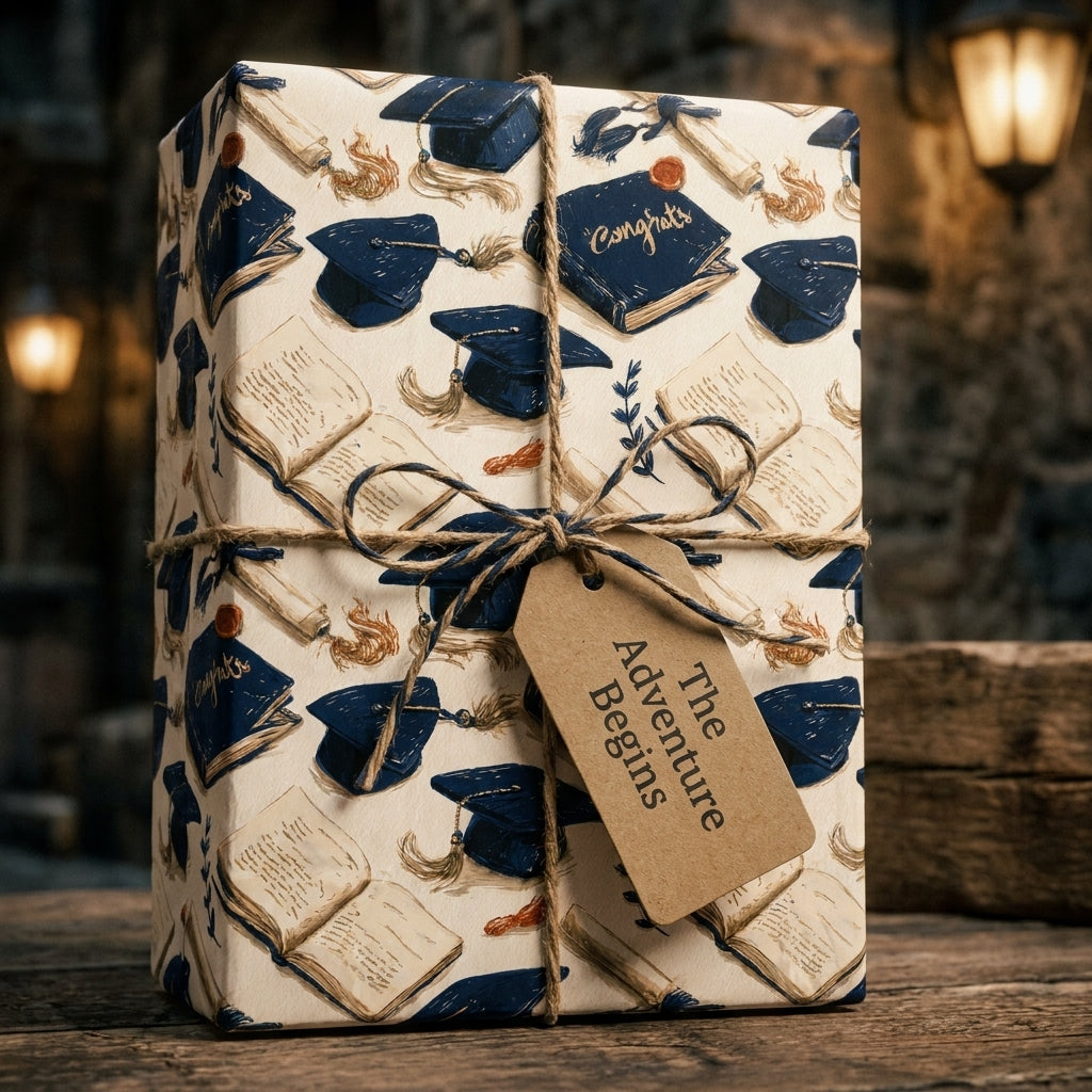 Graduation wrapping paper with navy blue caps and book pattern by Wrapped Studios, tied with twine.