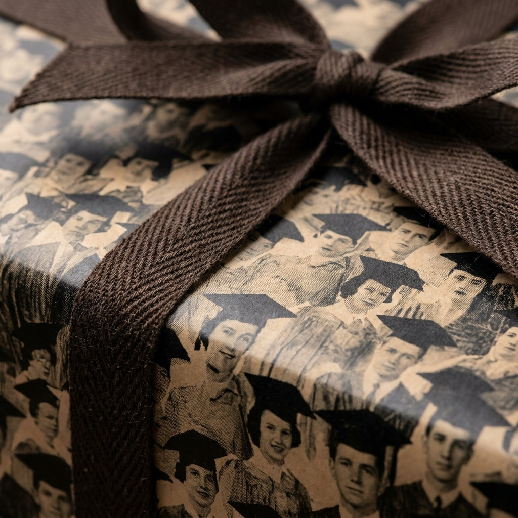 Graduation wrapping paper with vintage student photos and a textured brown ribbon by Wrapped Studios.
