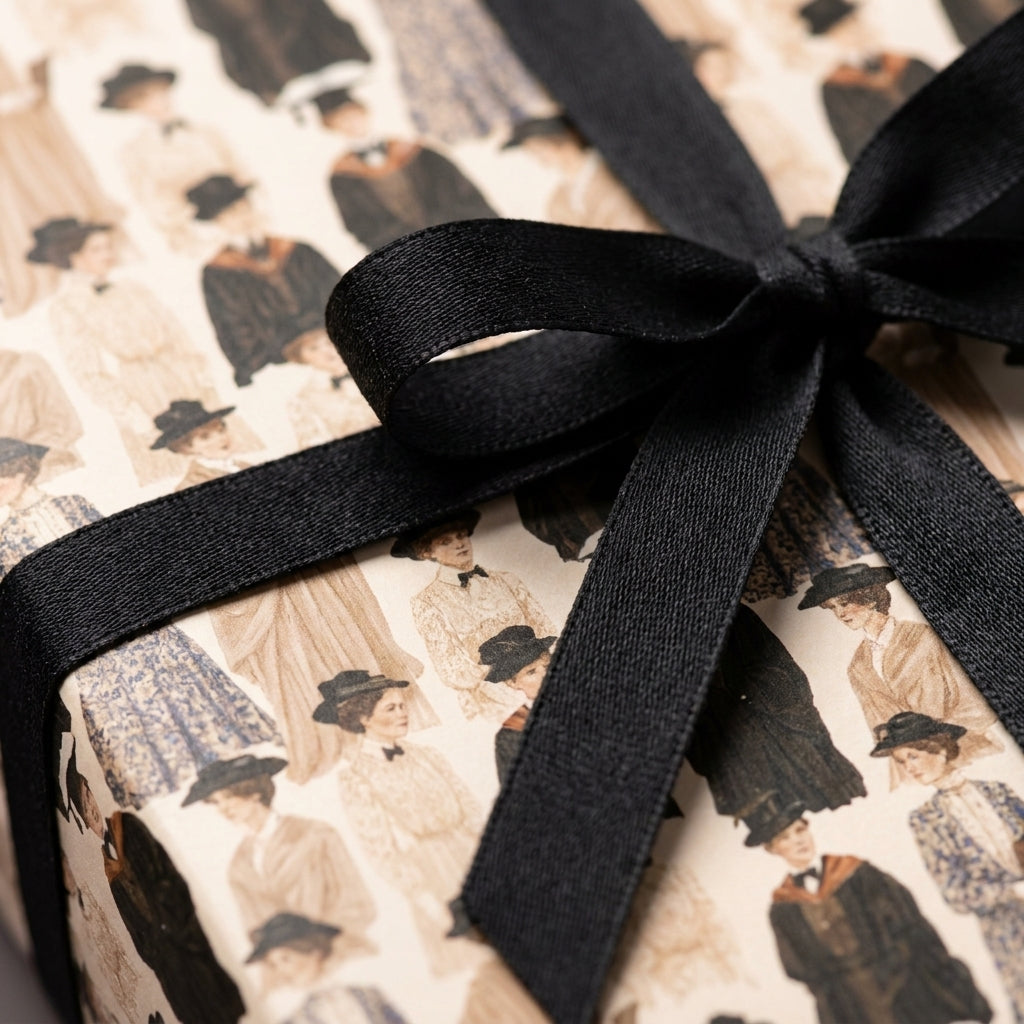 Vintage fashion illustration gift wrap with a black ribbon bow on a gift box by Wrapped Studios.
