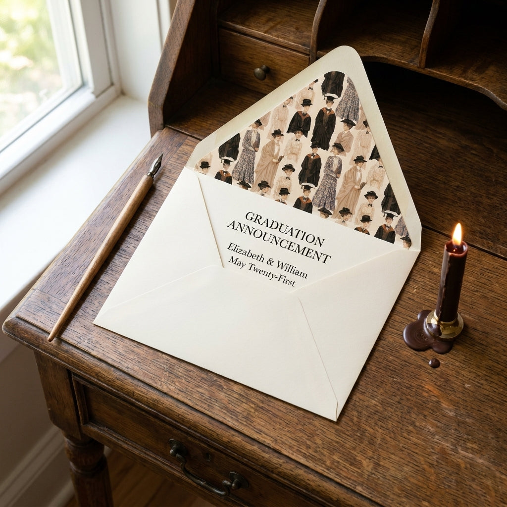 Vintage graduation wrapping paper used as an envelope liner on a wooden desk, by Wrapped Studios.