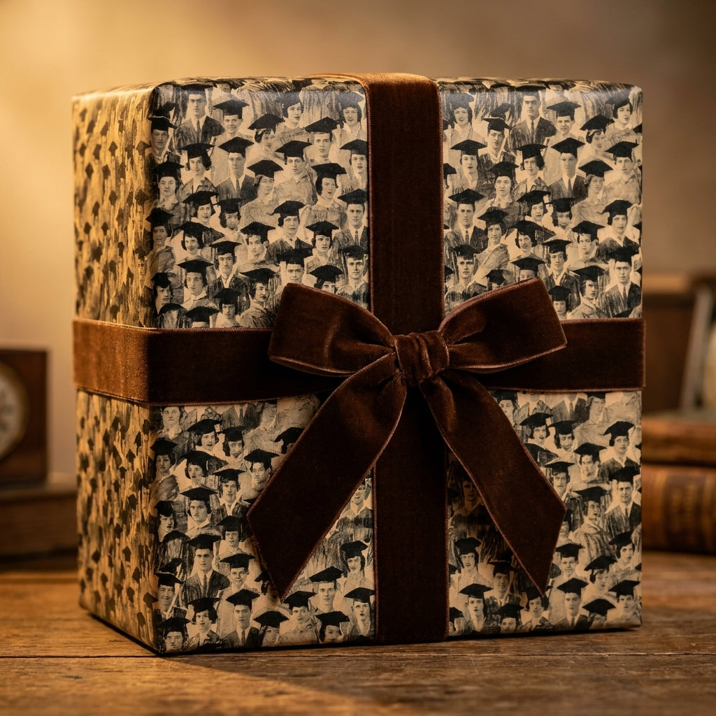 Vintage graduation wrapping paper on a gift box with a brown velvet bow, by Wrapped Studios.