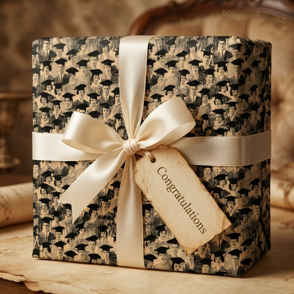 Graduation wrapping paper with vintage class photos, cream bow and congratulations tag by Wrapped Studios.
