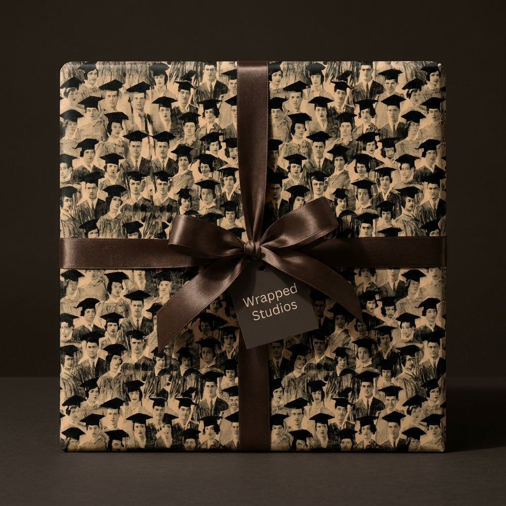Vintage graduation gift wrap with a black and white graduate pattern and brown ribbon bow by Wrapped Studios.