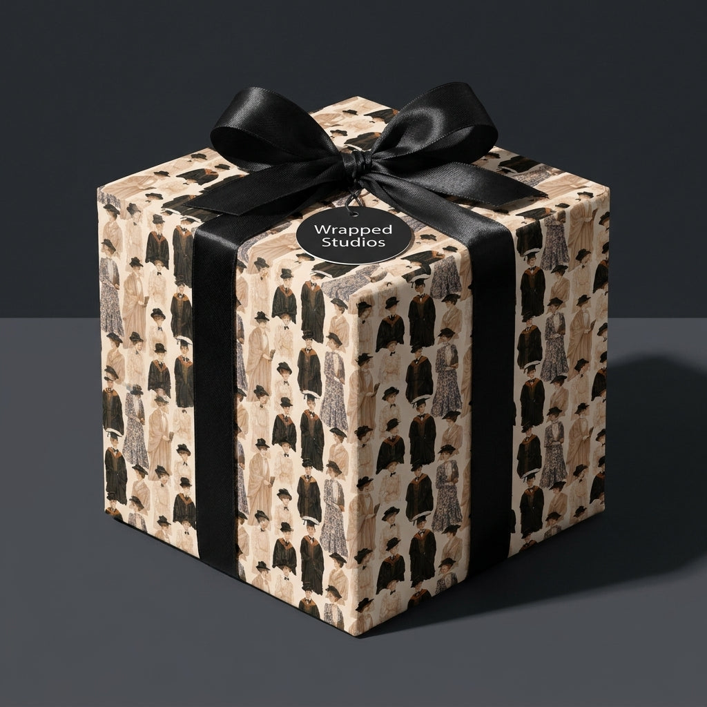Vintage graduation wrapping paper by Wrapped Studios on a gift box tied with a black satin bow.
