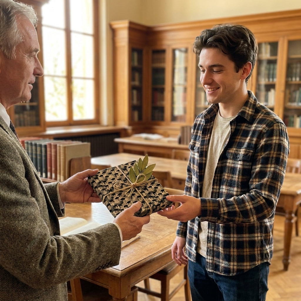 Student receiving gift in vintage black patterned wrapping paper with twine, by Wrapped Studios.
