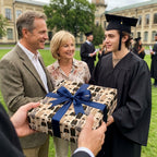 Graduate receiving a gift in graduation wrapping paper with a blue bow, by Wrapped Studios.