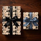 Vintage graduation wrapping paper with black and blue satin bows on dark wood, by Wrapped Studios.