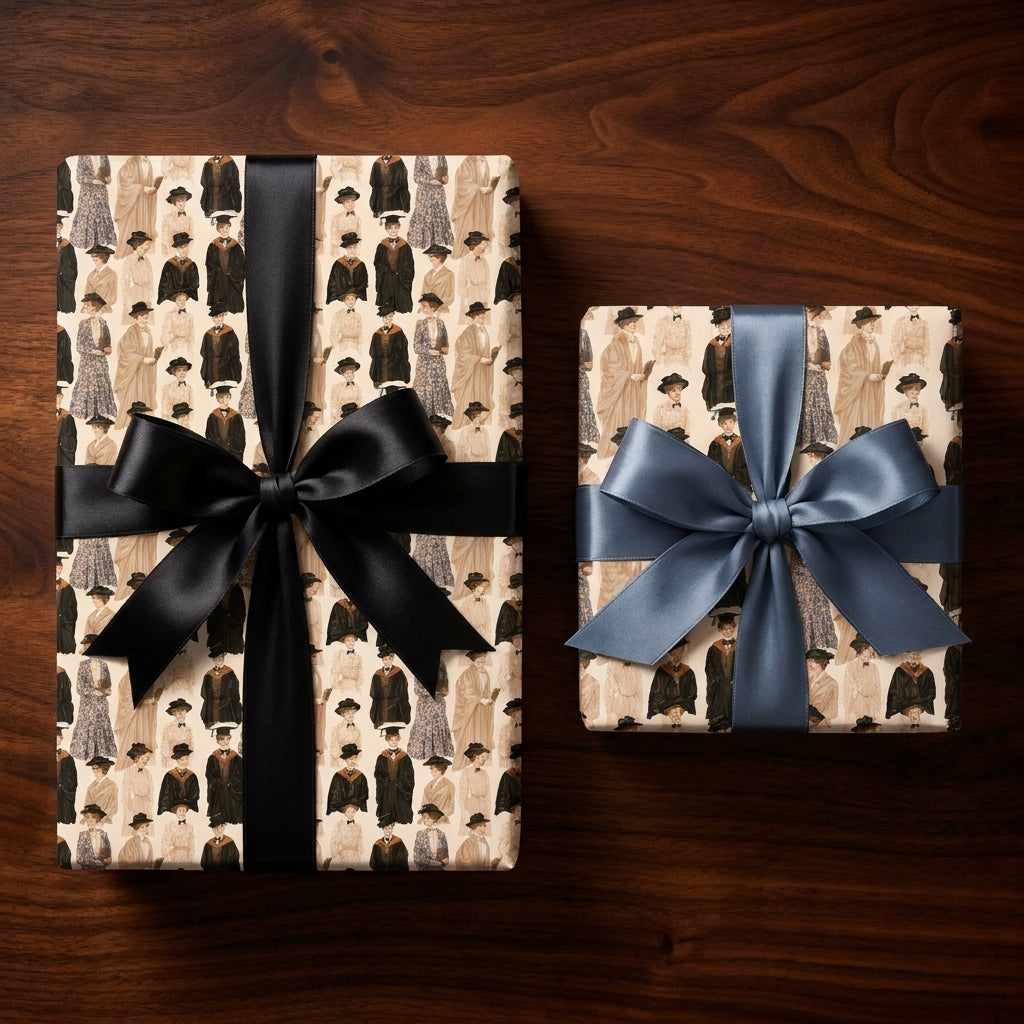 Vintage graduation wrapping paper with black and blue satin bows on dark wood, by Wrapped Studios.