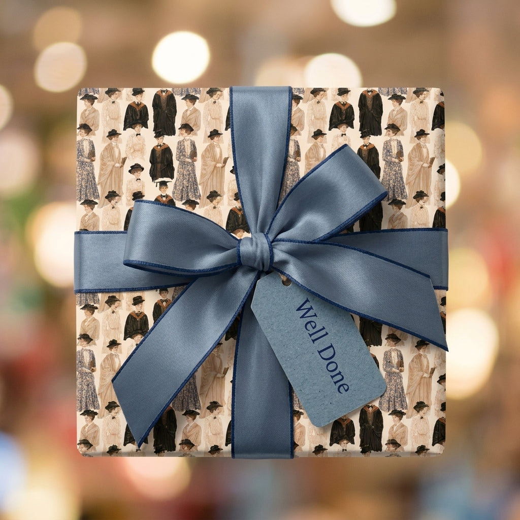 Vintage graduation wrapping paper with a blue satin bow and Well Done tag by Wrapped Studios.