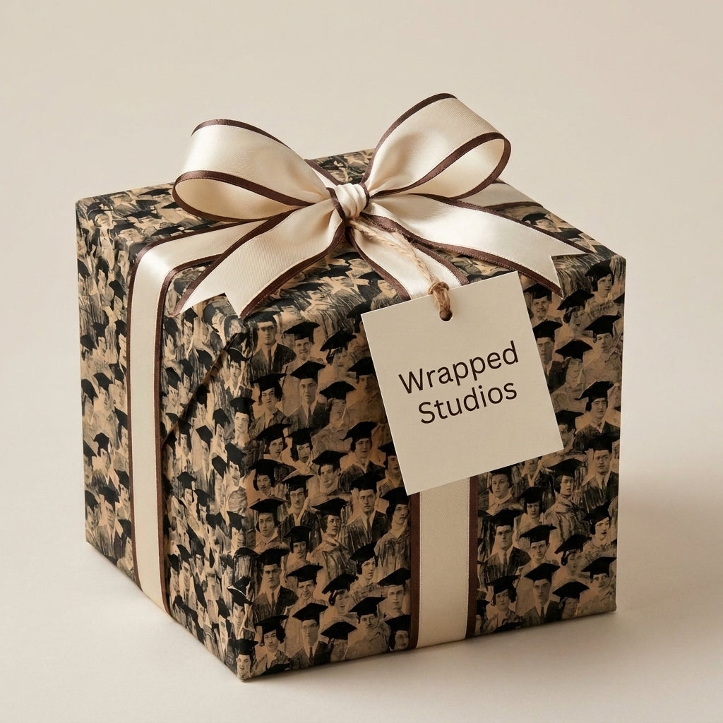 Vintage graduation wrapping paper featuring a photo print of graduates and cream ribbon by Wrapped Studios.