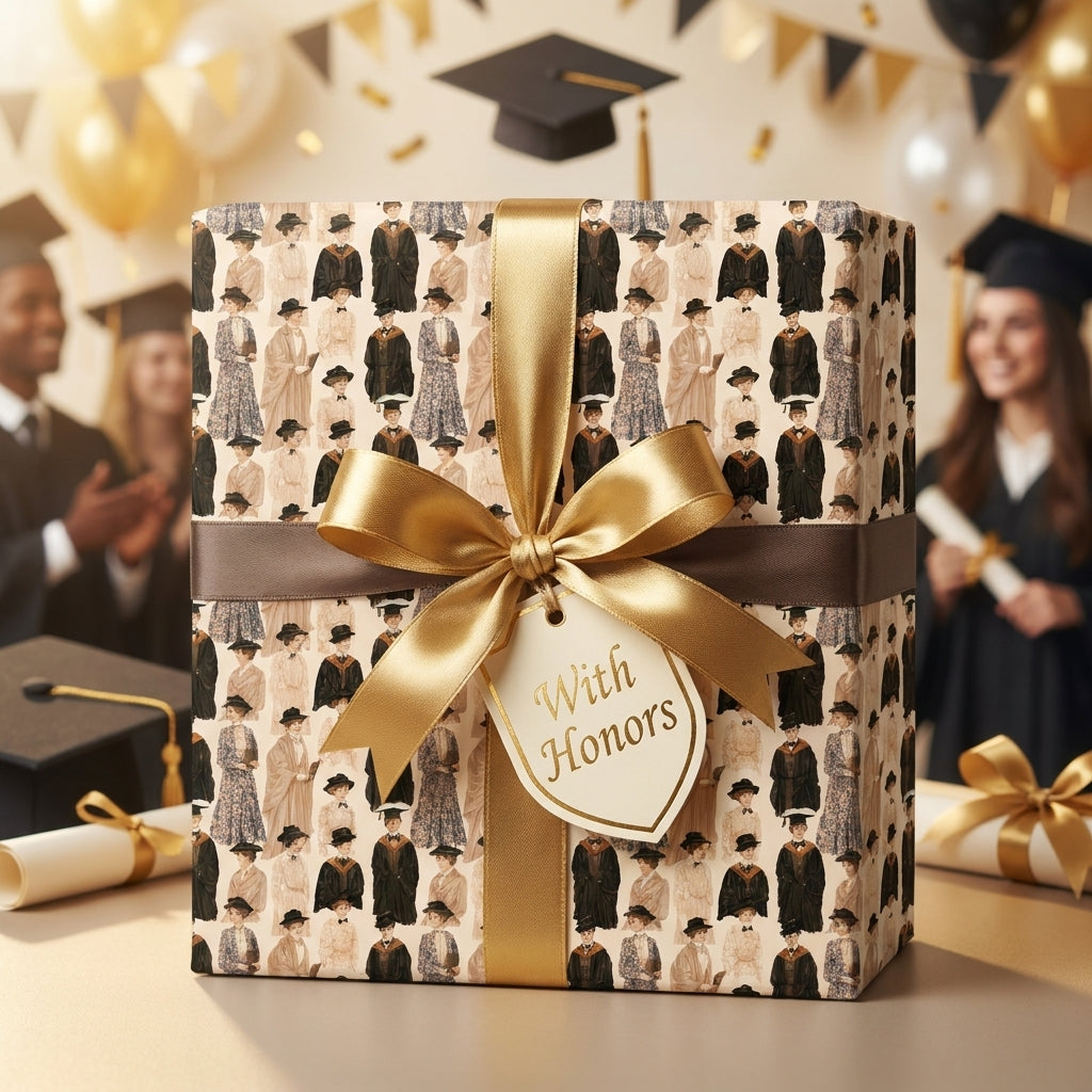Vintage graduation wrapping paper with illustrated graduates and a gold bow by Wrapped Studios.