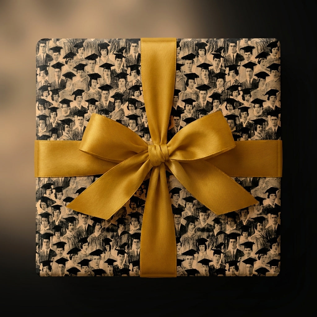 Vintage graduation gift wrap with black and white photo print and gold ribbon by Wrapped Studios.