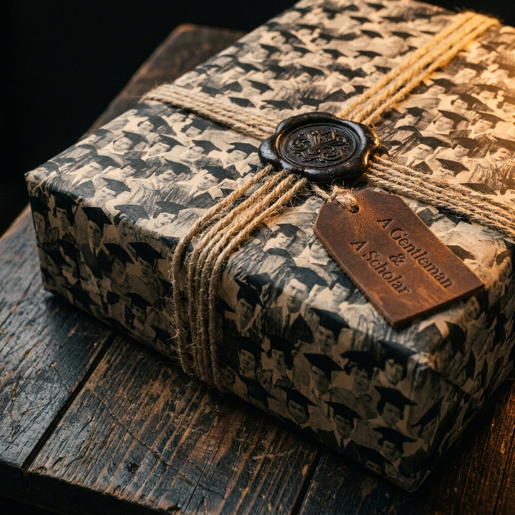 Vintage graduation wrapping paper with student photos, tied with twine and a wax seal, by Wrapped Studios.