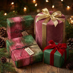 Elegant Christmas gift wrap in rustic watercolor green and deep plum velvet by Wrapped Studios.