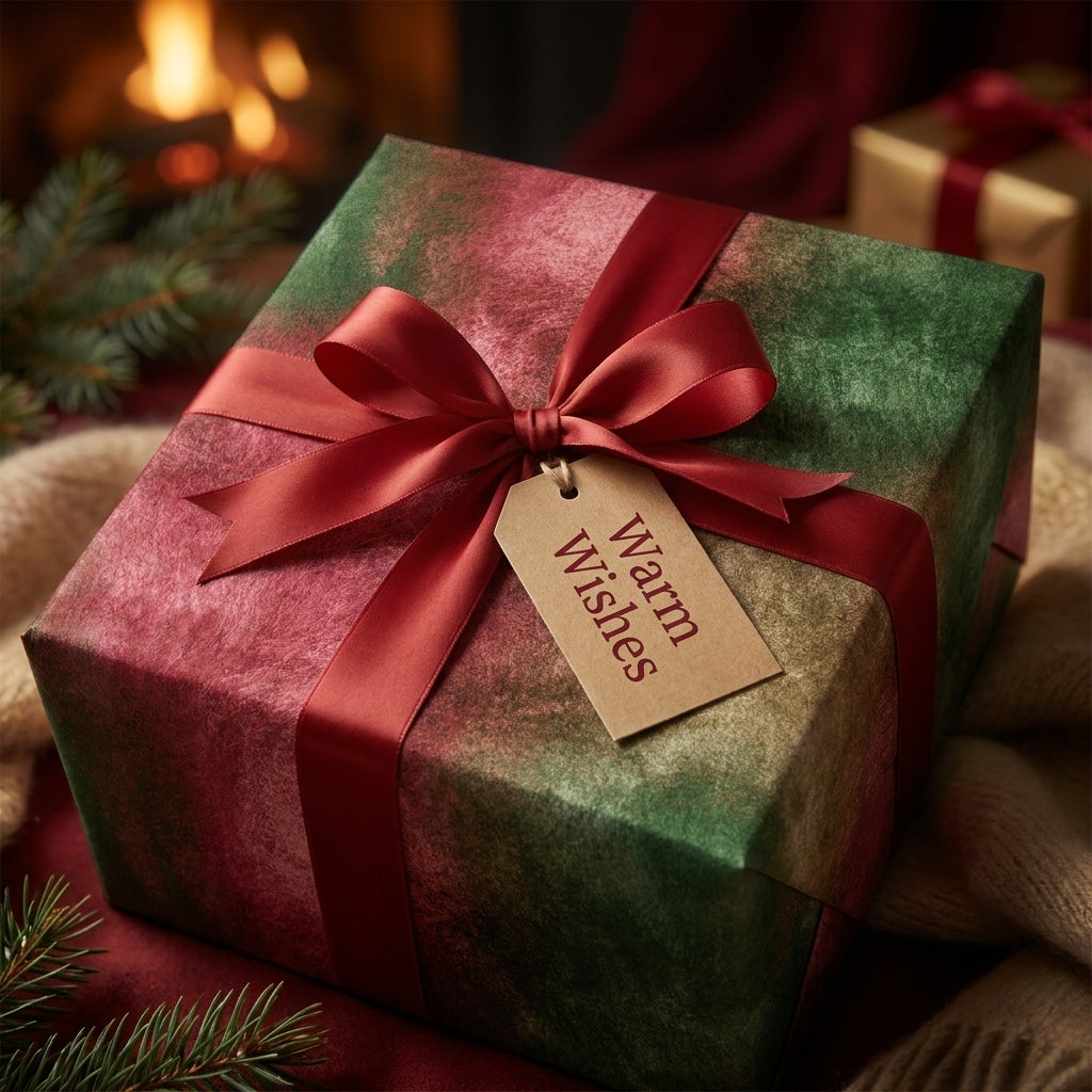 Rustic red and green Christmas wrapping paper with a satin bow by Wrapped Studios.