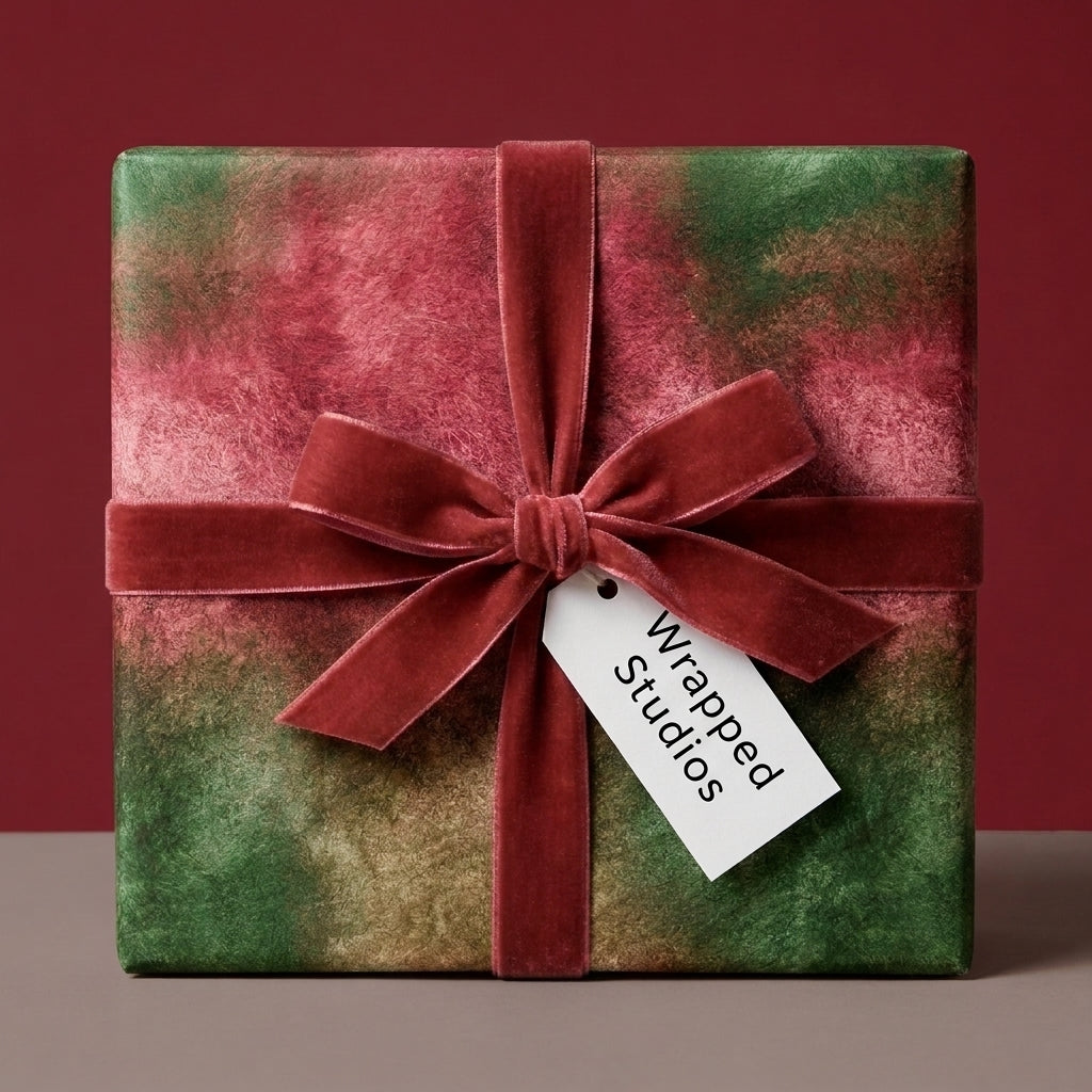 Luxury Christmas wrapping paper in red and green watercolor with velvet ribbon by Wrapped Studios.