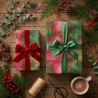 Luxury Christmas wrapping paper by Wrapped Studios on textured red and green holiday gifts with velvet bows.