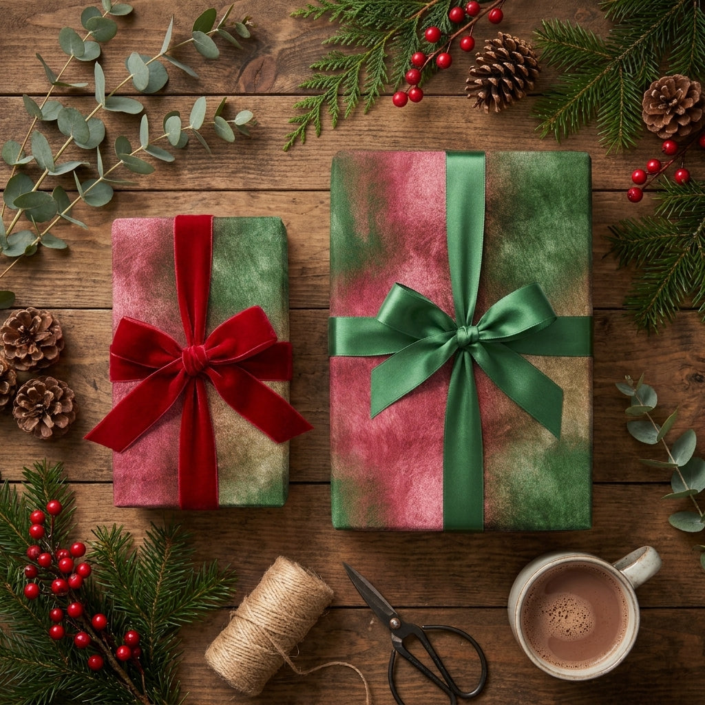 Luxury Christmas wrapping paper by Wrapped Studios on textured red and green holiday gifts with velvet bows.
