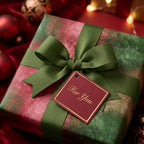 Luxury red and green Christmas gift wrap with a forest green ribbon and 'For You' tag, from Wrapped Studios.