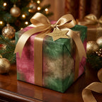 Luxury watercolor Christmas wrapping paper in green and pink with a gold satin bow by Wrapped Studios.