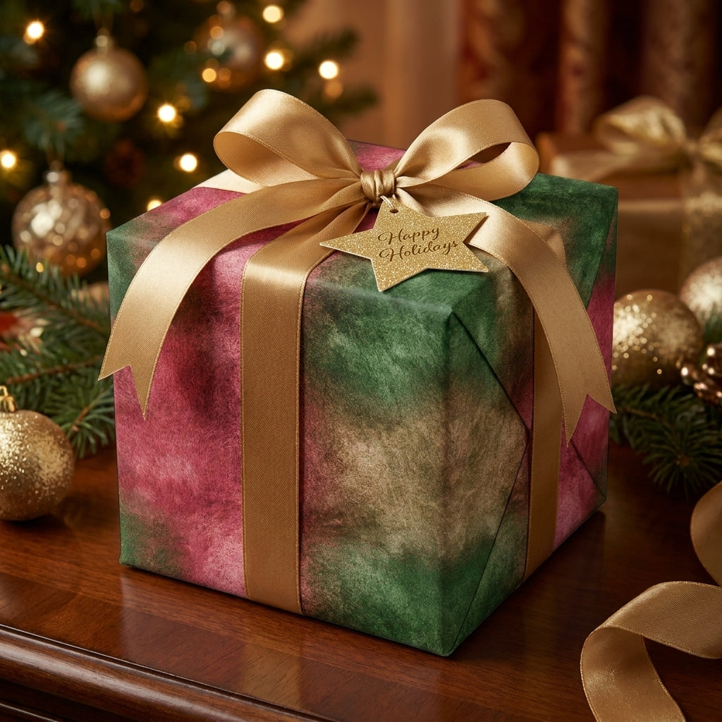 Luxury watercolor Christmas wrapping paper in green and pink with a gold satin bow by Wrapped Studios.
