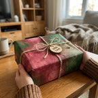 Hands holding a gift in rustic red and green Christmas wrapping paper with a twine bow by Wrapped Studios.