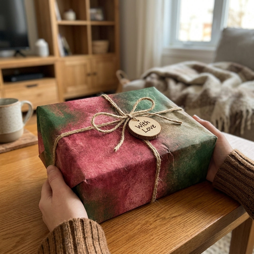 Hands holding a gift in rustic red and green Christmas wrapping paper with a twine bow by Wrapped Studios.