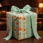 Guitar wrapping paper and luxury music gift wrap with a sage green velvet bow by Wrapped Studios.