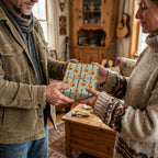 Man giving woman a gift wrapped in retro guitar wrapping paper with a twine bow, by Wrapped Studios.