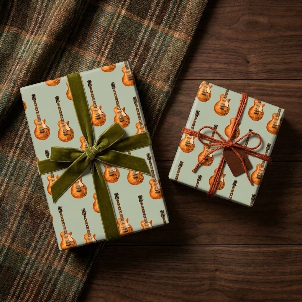 Retro electric guitar wrapping paper on sage green gifts with velvet ribbon, by Wrapped Studios.