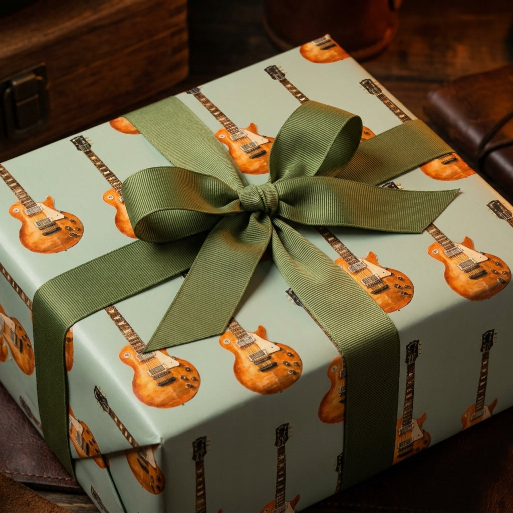 Vintage guitar wrapping paper with an olive green ribbon on a birthday gift box by Wrapped Studios.
