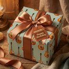Vintage guitar wrapping paper with a bronze satin bow and birthday tag by Wrapped Studios.