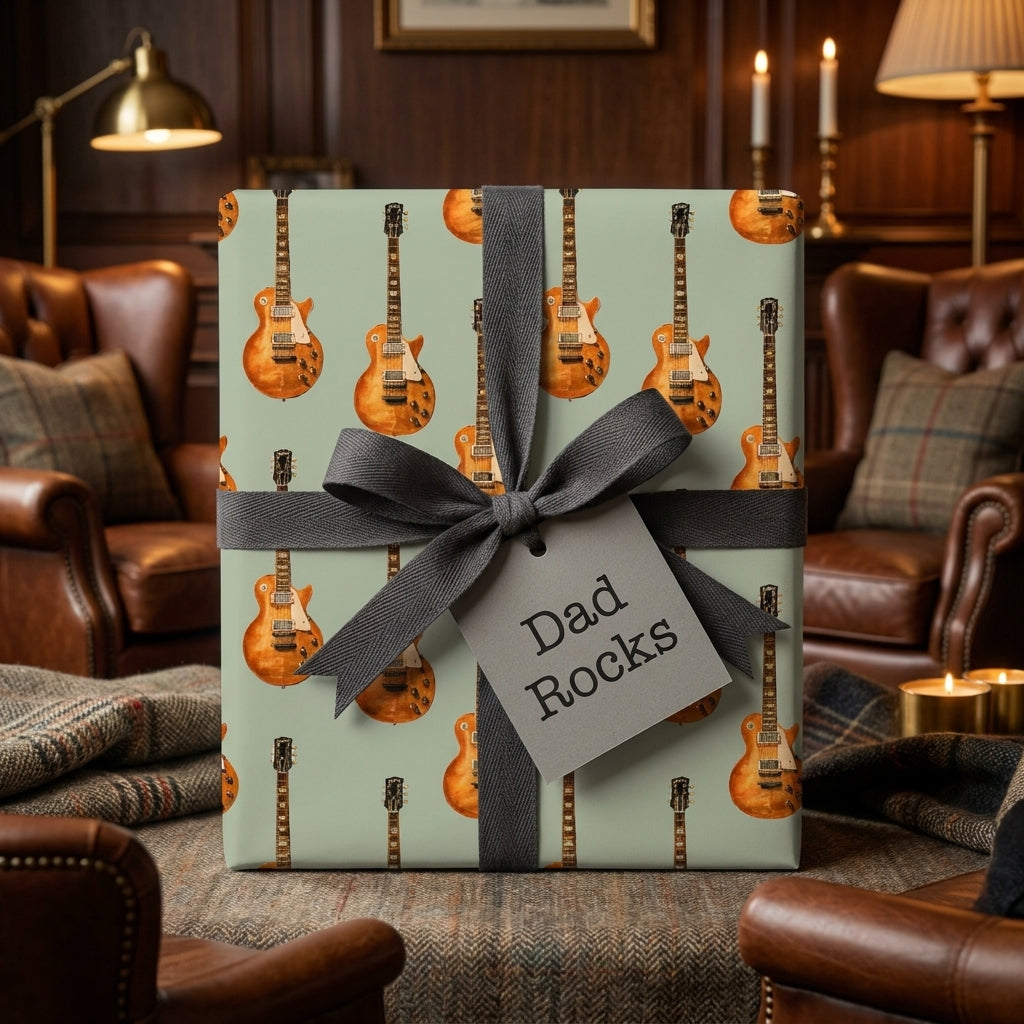 Father's Day guitar wrapping paper with "Dad Rocks" tag and grey ribbon by Wrapped Studios.