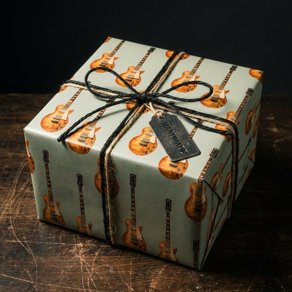 Retro guitar wrapping paper with vintage electric guitars on a gift box with rustic twine by Wrapped Studios.