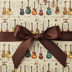 Gift wrapped in musical guitar wrapping paper with a brown satin bow, ideal for a music lover's birthday present.