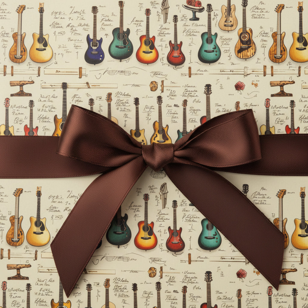 Gift wrapped in musical guitar wrapping paper with a brown satin bow, ideal for a music lover's birthday present.