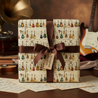 Gift wrapped in guitar print wrapping paper with brown ribbon and bow.