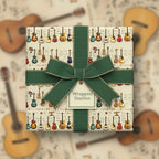 Gift wrapped in guitar-themed wrapping paper with green ribbon and bow, suitable for music lovers' birthday or special occasion.