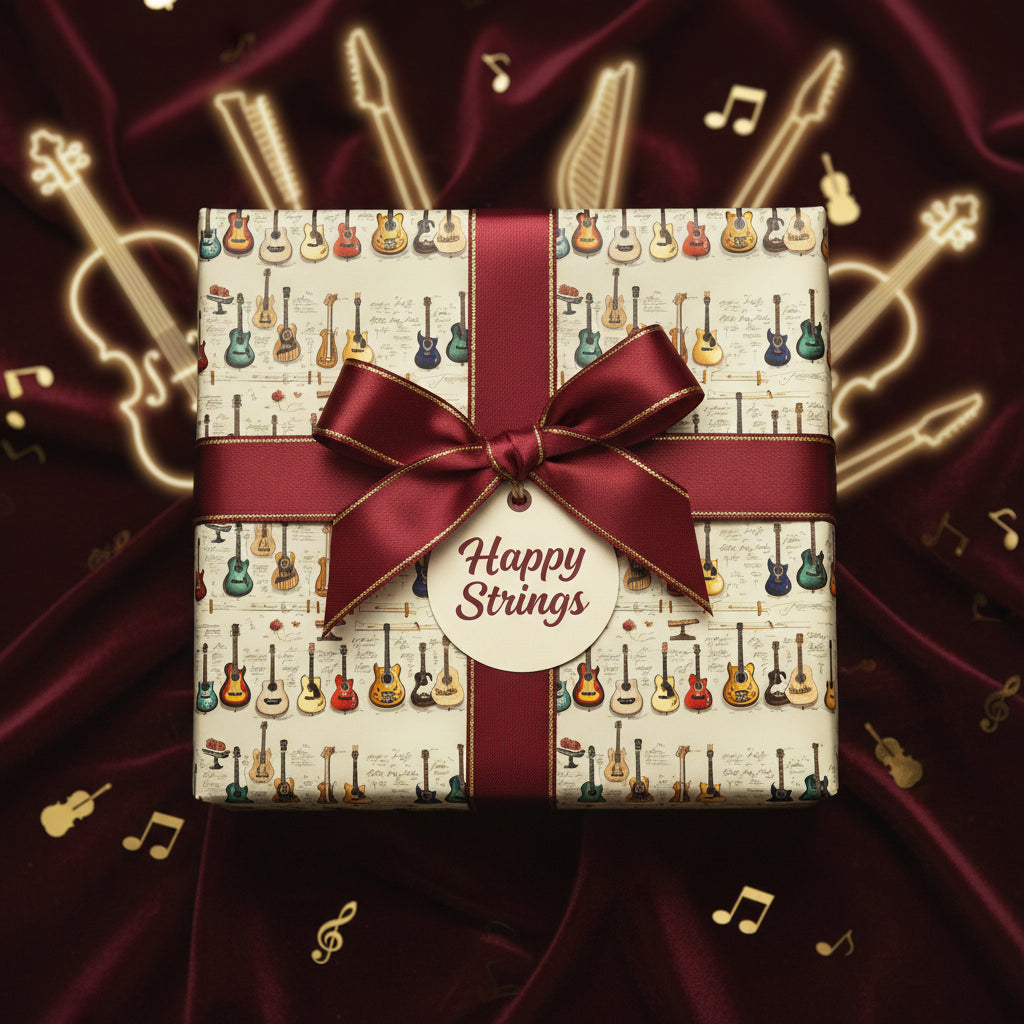 Guitar-themed gift wrap with burgundy ribbon and "Happy Strings" tag, perfect for musicians.