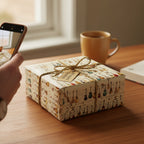 Guitar-themed wrapping paper with gold string and tag, perfect for musician gifts.