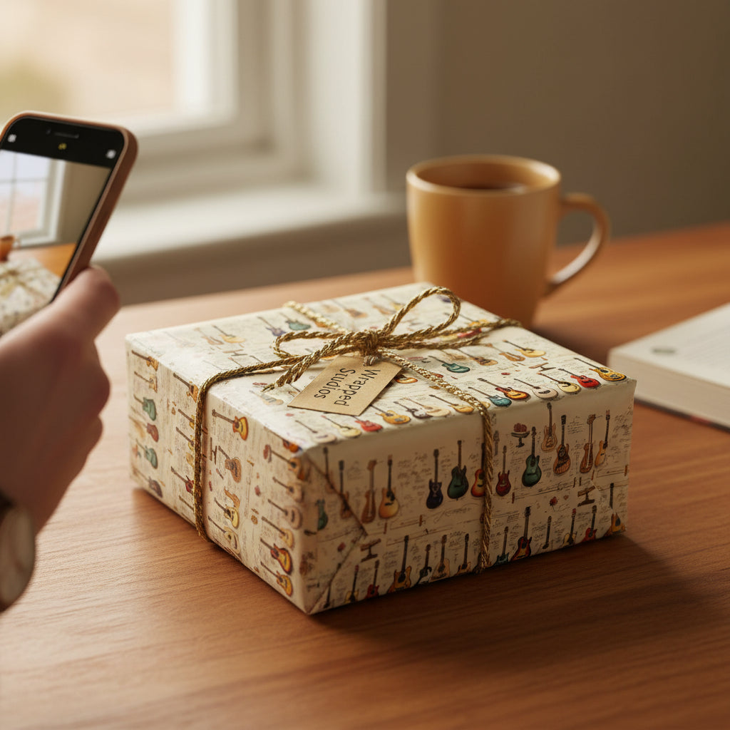 Guitar-themed wrapping paper with gold string and tag, perfect for musician gifts.