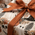 Vintage Halloween wrapping paper with ghosts and skulls, tied with a terracotta bow by Wrapped Studios.
